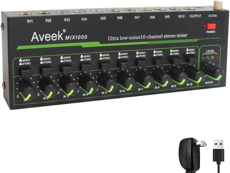 Aveek 10 Channel Mixer - Mini 10 Stereo Audio Mixer, Low-Noise for Precision Sub-Mixing,1/4" TRS Input/Output Ideal for Mics/Guitars/Bass/Stage - 3 x 8.6 x 1.1 inches - Image 1